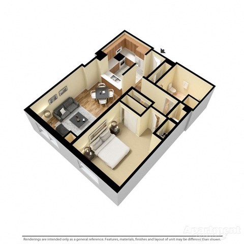 Floor plan for 1 bed, 1 bath, 715 sqft